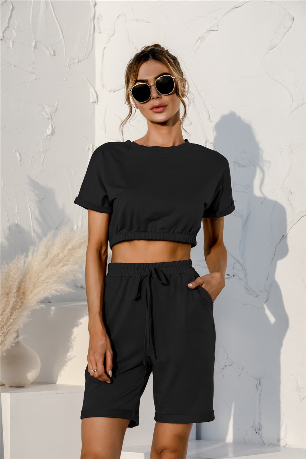 Short Sleeve Cropped Top and Drawstring Shorts Lounge Set - AllIn Computer