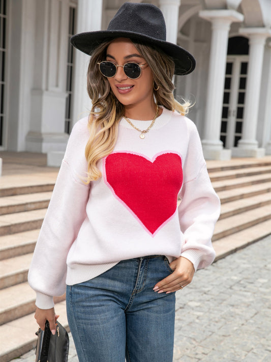 Heart Graphic Round Neck Sweater - AllIn Computer