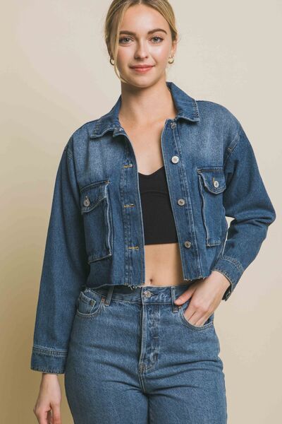 LOVE TREE Raw Hem Button Up Cropped Denim Jacket - AllIn Computer