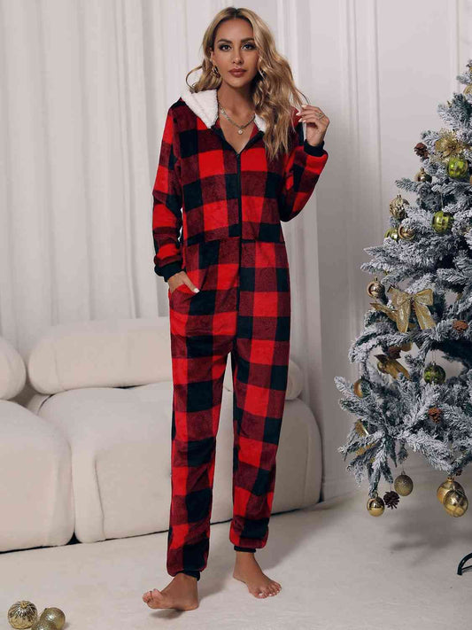 Plaid Zip Front Long Sleeve Hooded Lounge Jumpsuit - AllIn Computer