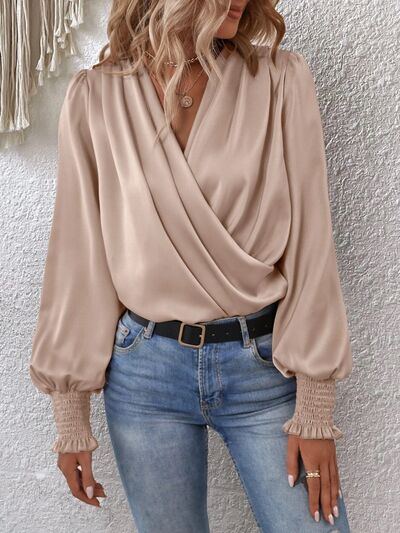 Surplice Smocked Lantern Sleeve Blouse - AllIn Computer