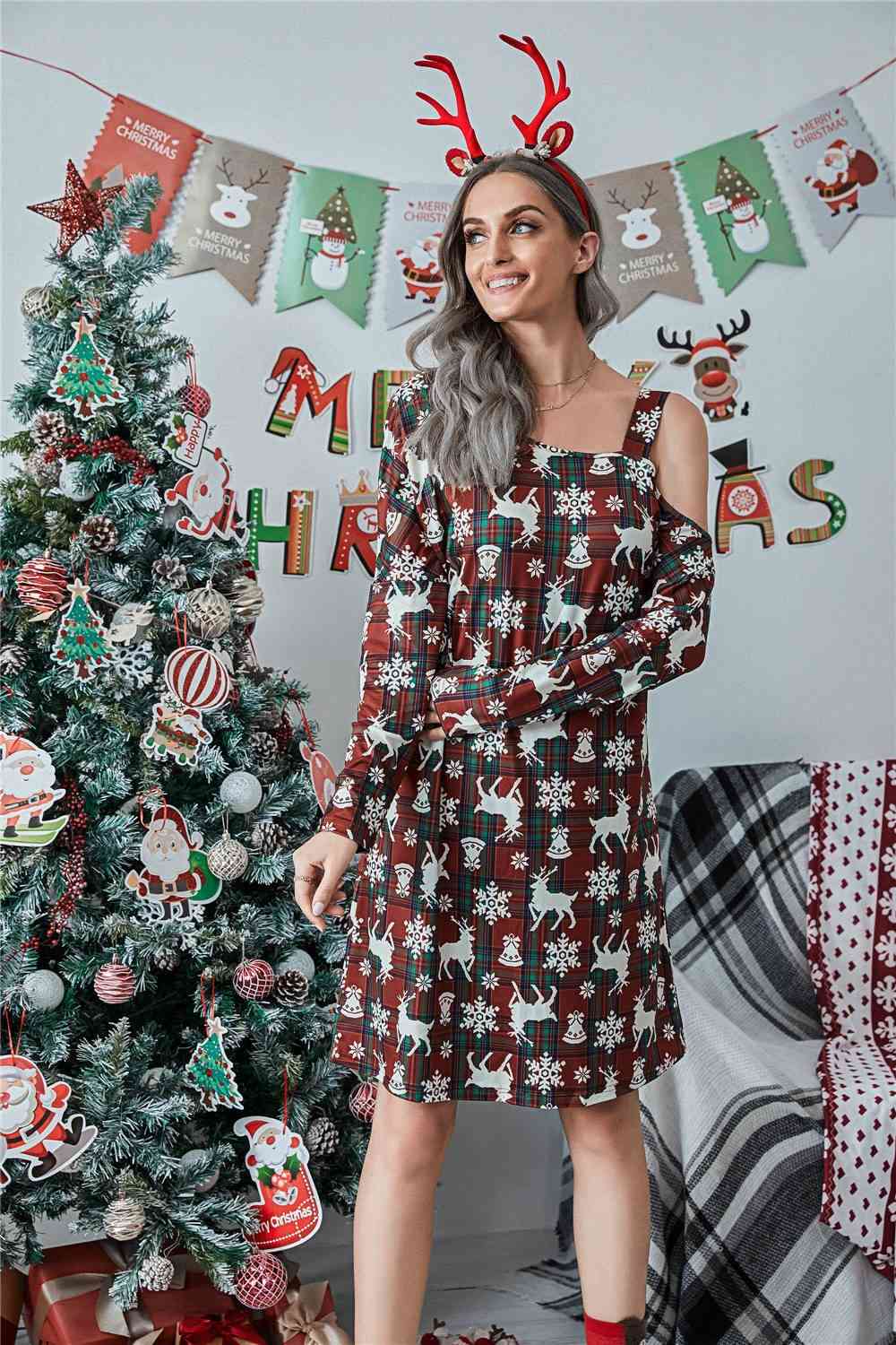 Christmas Asymmetrical Neck Long Sleeve Dress - AllIn Computer