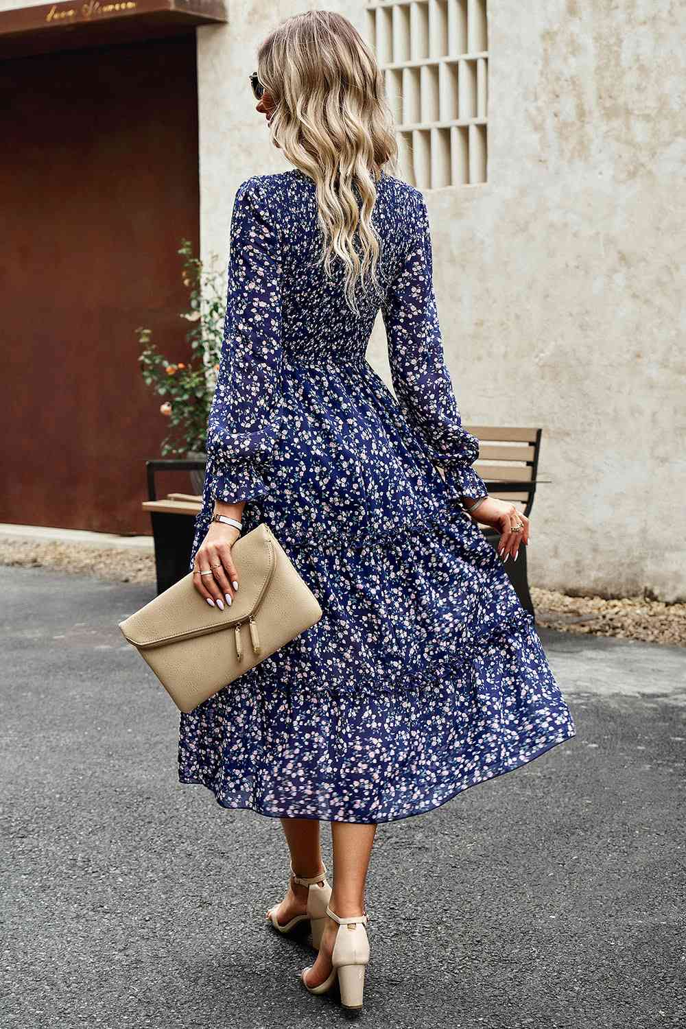 Smocked Flounce Sleeve Midi Dress - AllIn Computer