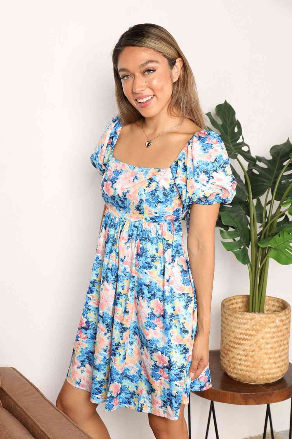 Double Take Floral Square Neck Puff Sleeve Dress - AllIn Computer