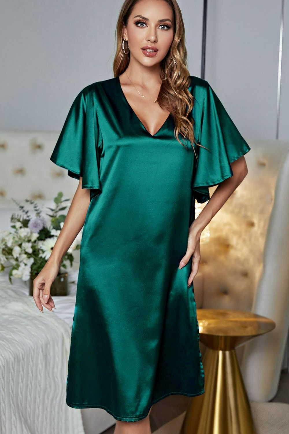 Satin Flutter Sleeve Side Slit V-Neck Night Dress - AllIn Computer
