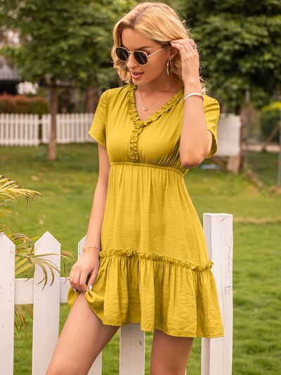 Frill V-Neck Short Sleeve Ruffle Hem Dress - AllIn Computer