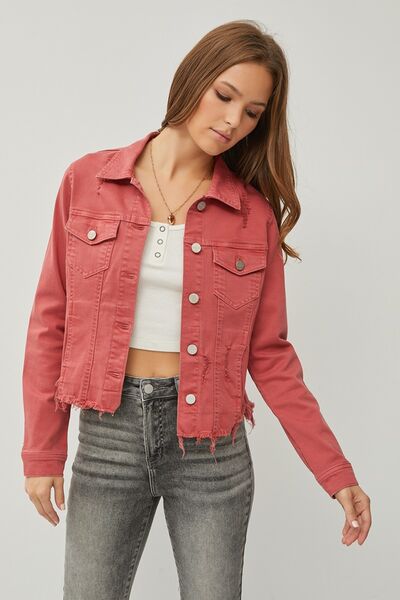 RISEN Raw Hem Button-Up Cropped Denim Jacket - AllIn Computer