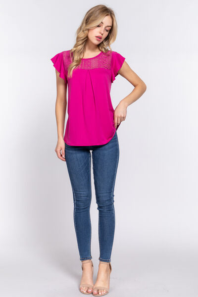 ACTIVE BASIC Ruffle Short Sleeve Lace Detail Knit Top - AllIn Computer