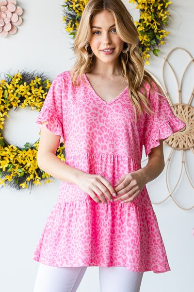Heimish Full Size Leopard Ruffle Trim Short Sleeve Top - AllIn Computer