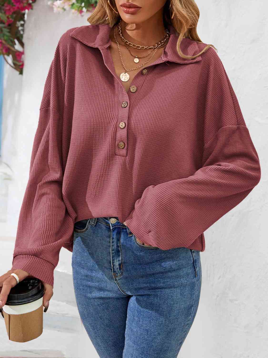 Half Button Collared Neck Long Sleeve Top - AllIn Computer