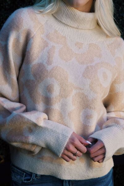 Flower Pattern Turtleneck Long Sleeve Sweater - AllIn Computer