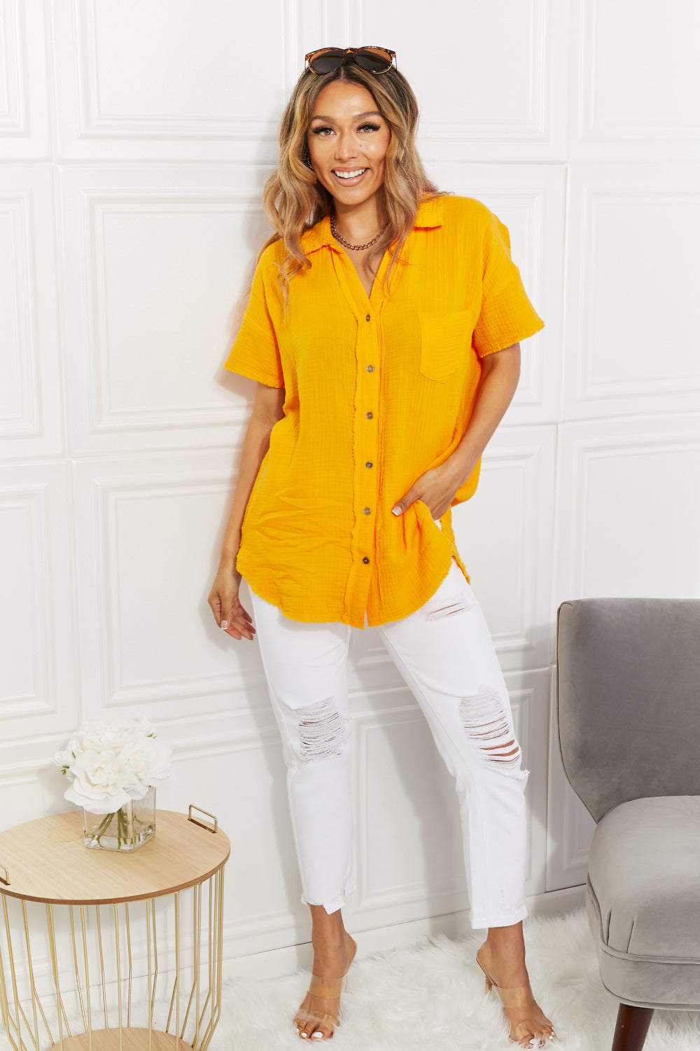 Zenana Full Size Summer Breeze Gauze Short Sleeve Shirt in Mustard - AllIn Computer