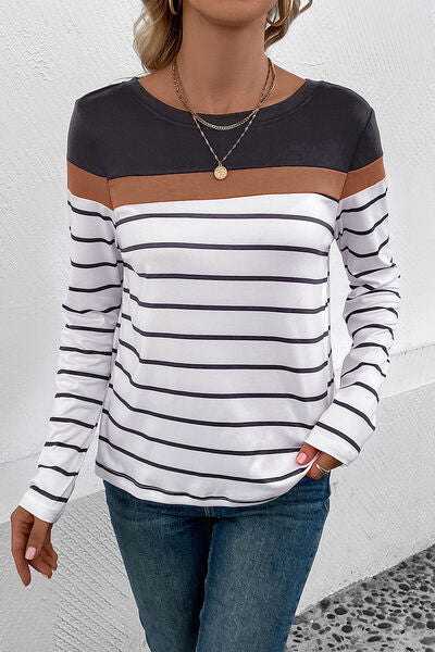 Striped Round Neck Long Sleeve T-Shirt - AllIn Computer
