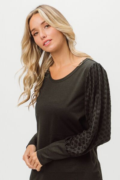 BiBi Round Neck Polka Dot Lantern Sleeve Top - AllIn Computer