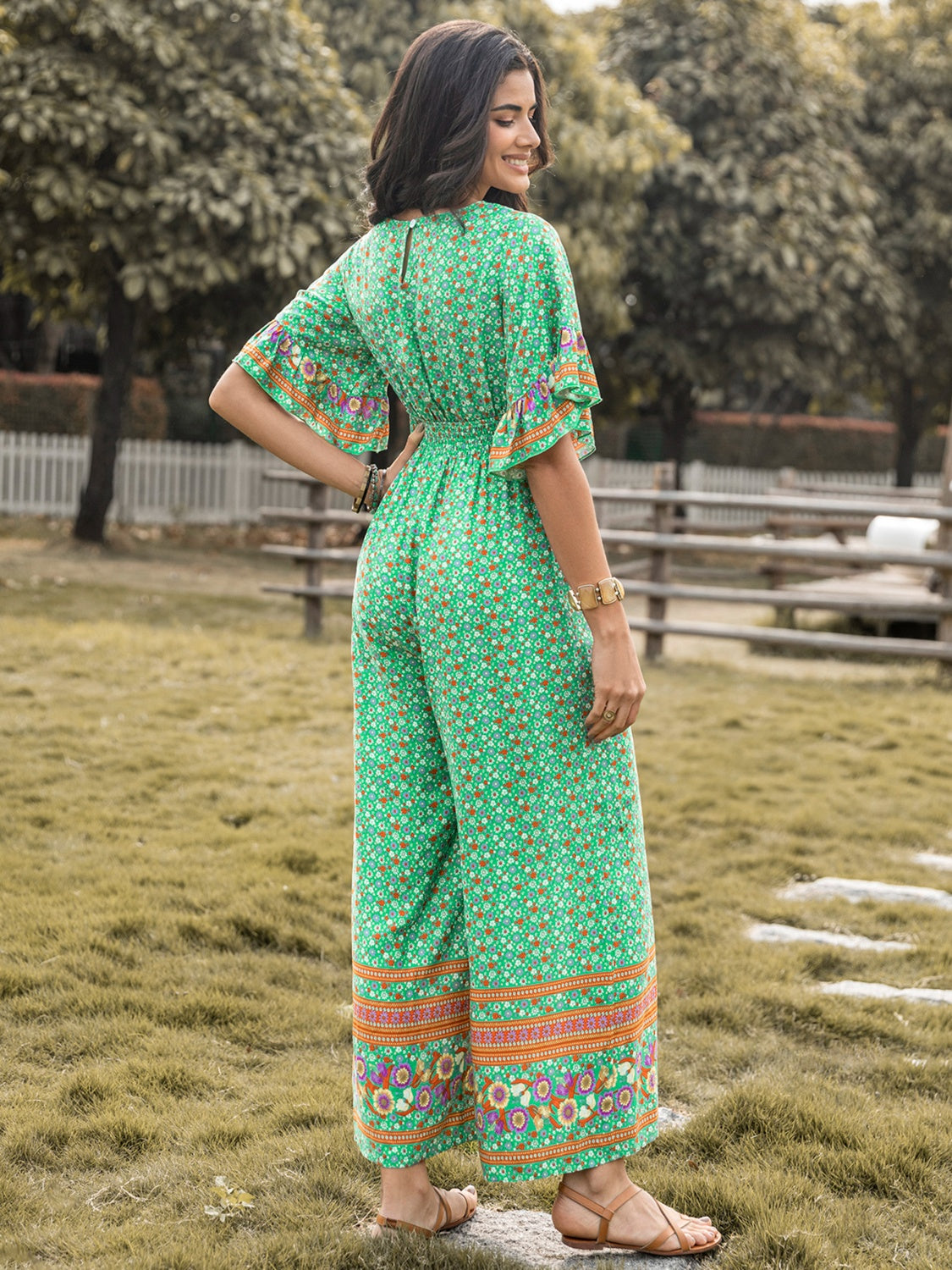 Floral Surplice Flutter Sleeve Jumpsuit - AllIn Computer