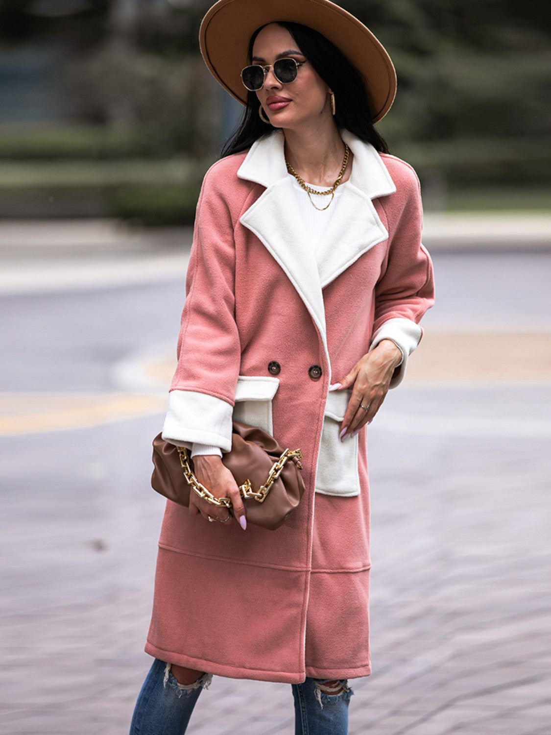 Contrast Lapel Collar Coat with Pockets - AllIn Computer
