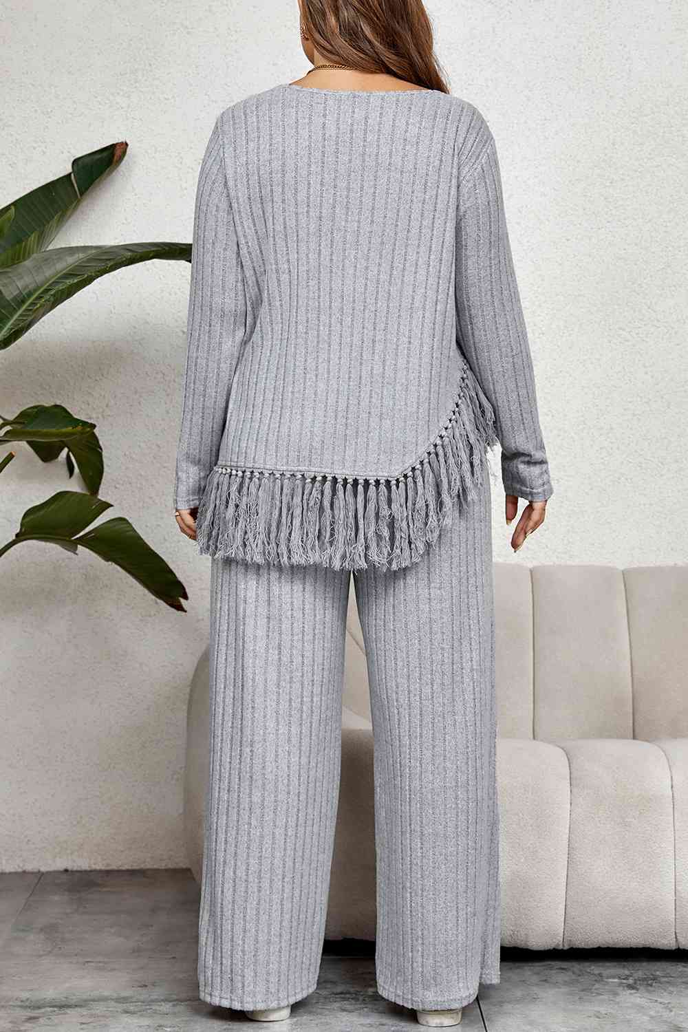 Plus Size Tassel Hem Top and Pants Set - AllIn Computer