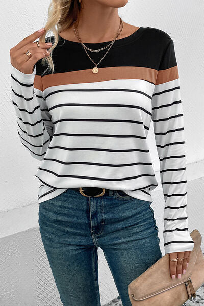 Striped Round Neck Long Sleeve T-Shirt - AllIn Computer