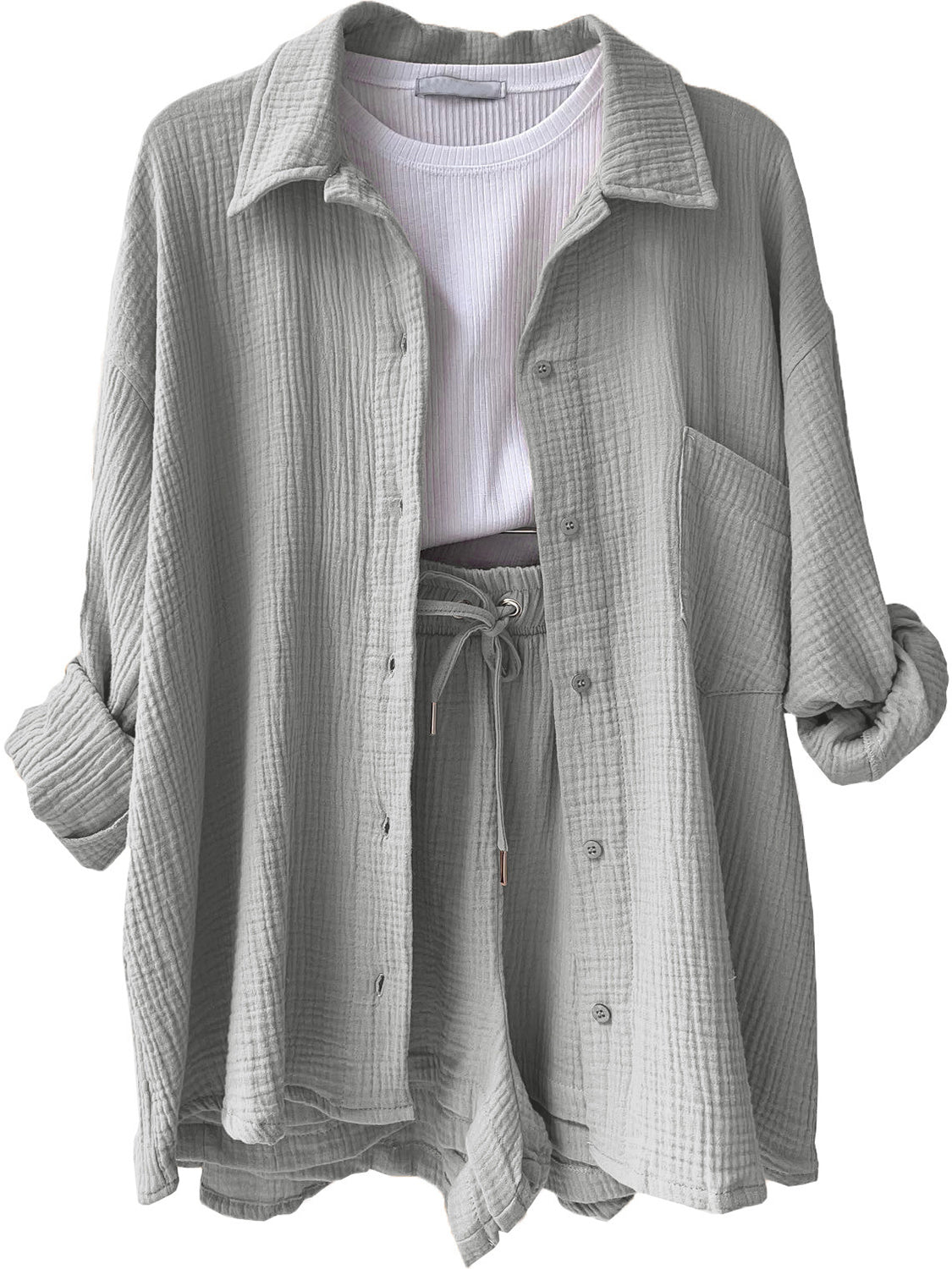 Texture Button Up Shirt and Drawstring Shorts Set - AllIn Computer