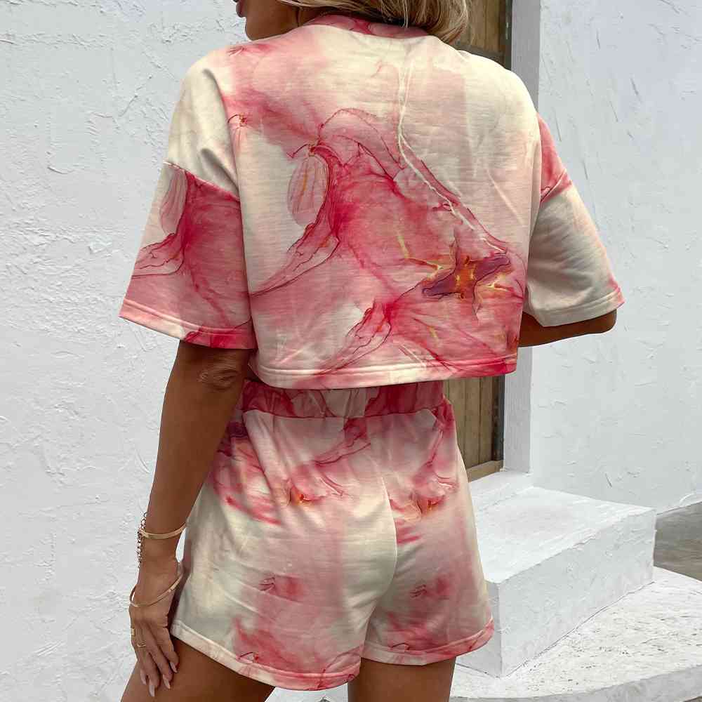 Printed Round Neck Dropped Shoulder Half Sleeve Top and Shorts Set - AllIn Computer