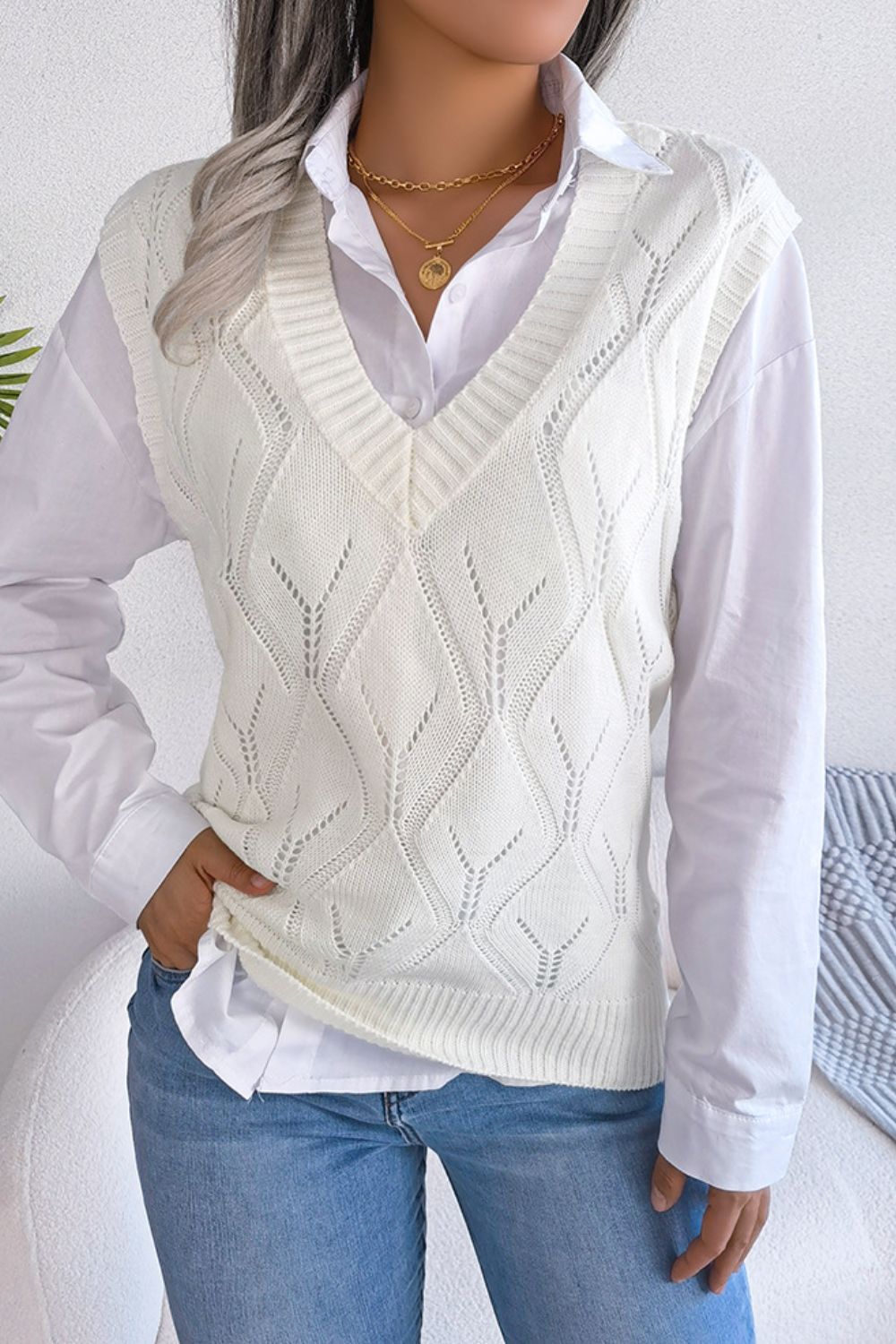 Openwork Ribbed Trim Sweater Vest - AllIn Computer