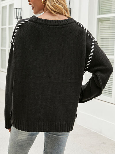 Contrast Round Neck Drop Shoulder Knit Top - AllIn Computer