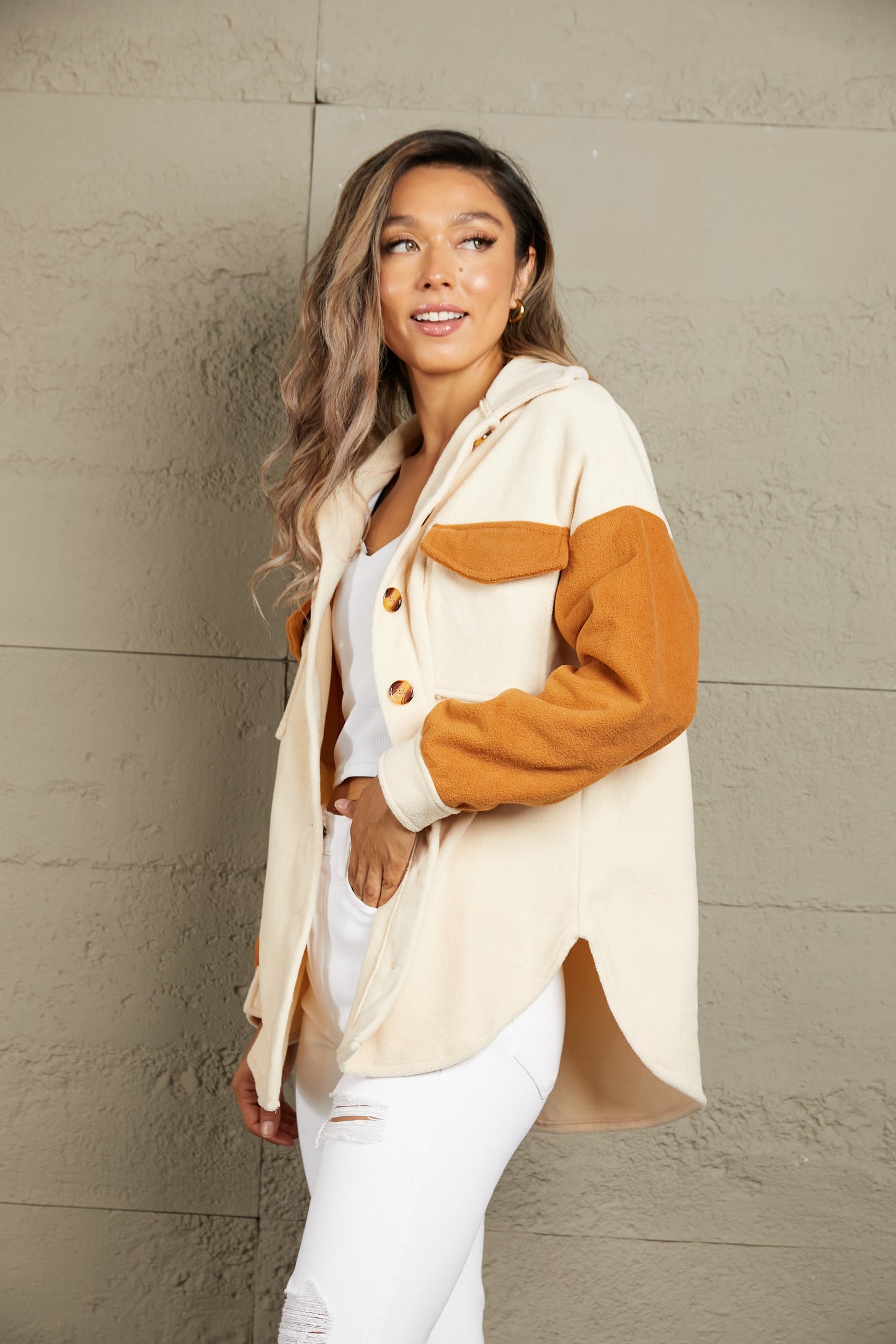 Double Take Contrast Button-Up Fleece Jacket - AllIn Computer