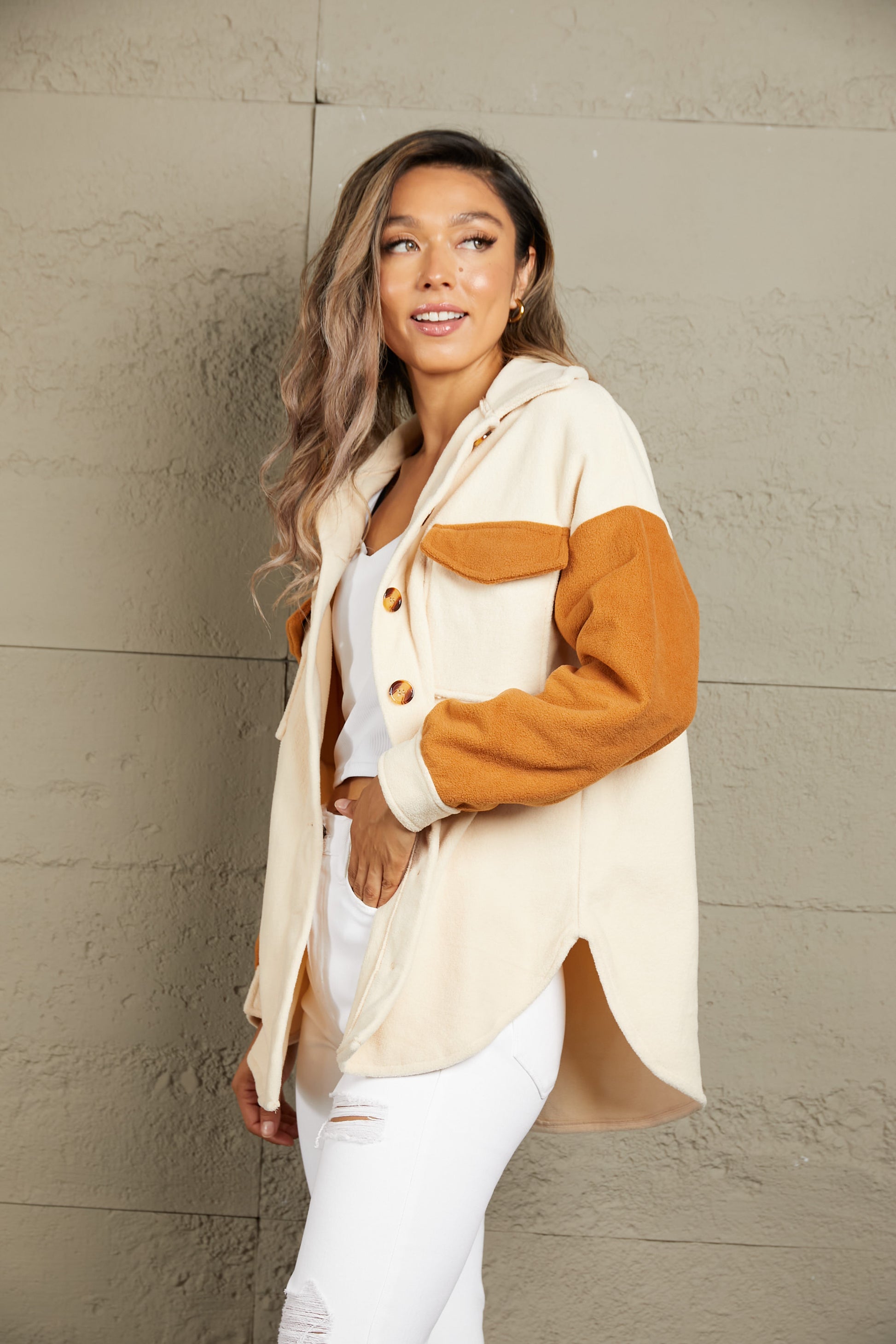 Double Take Contrast Button-Up Fleece Jacket - AllIn Computer