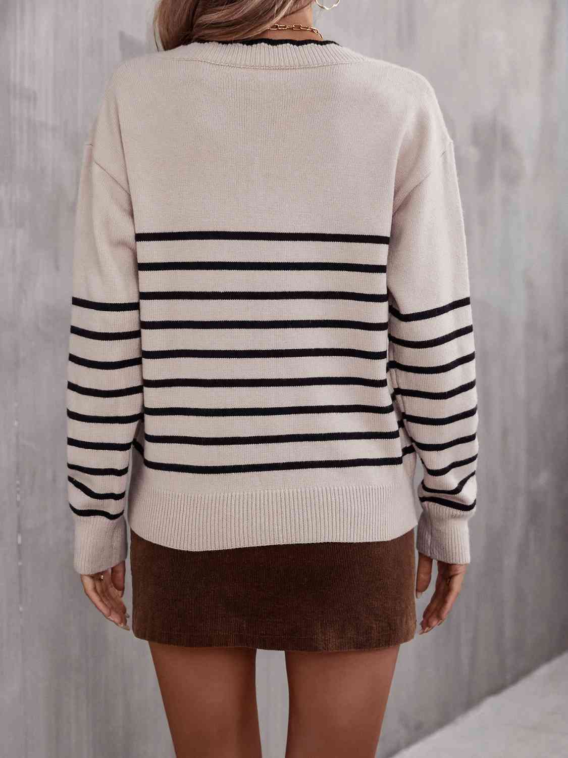 Striped V-Neck Drop Shoulder Sweater - AllIn Computer