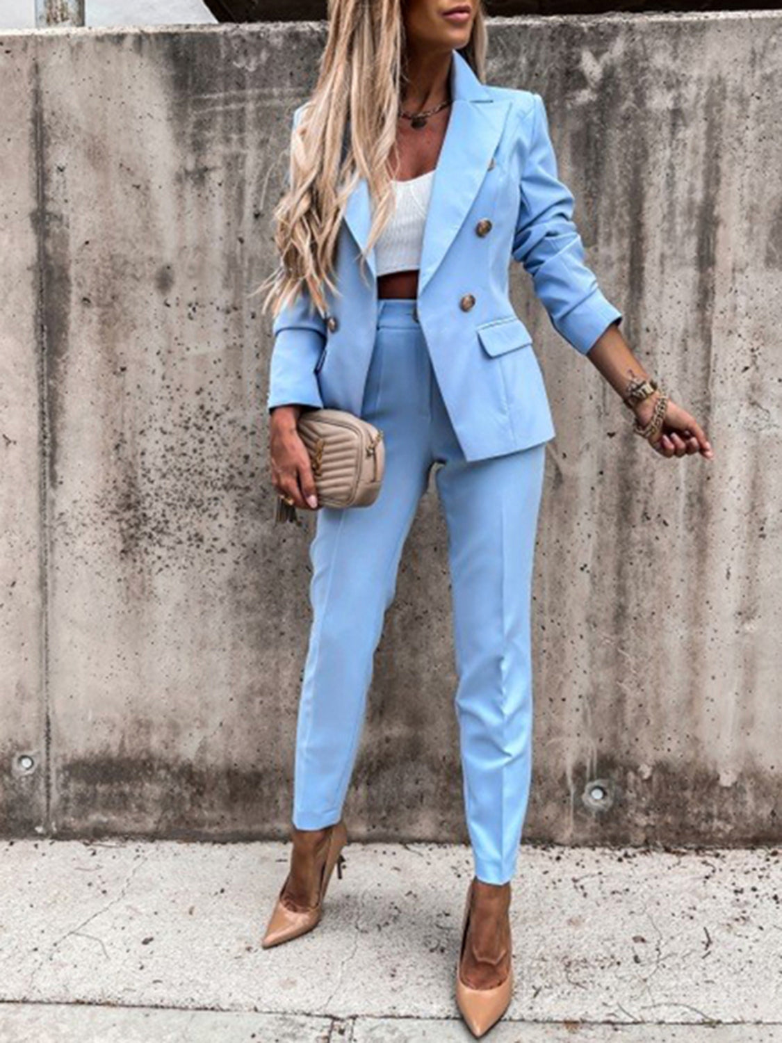 Lapel Collar Long Sleeve Blazer and Pants Set - AllIn Computer