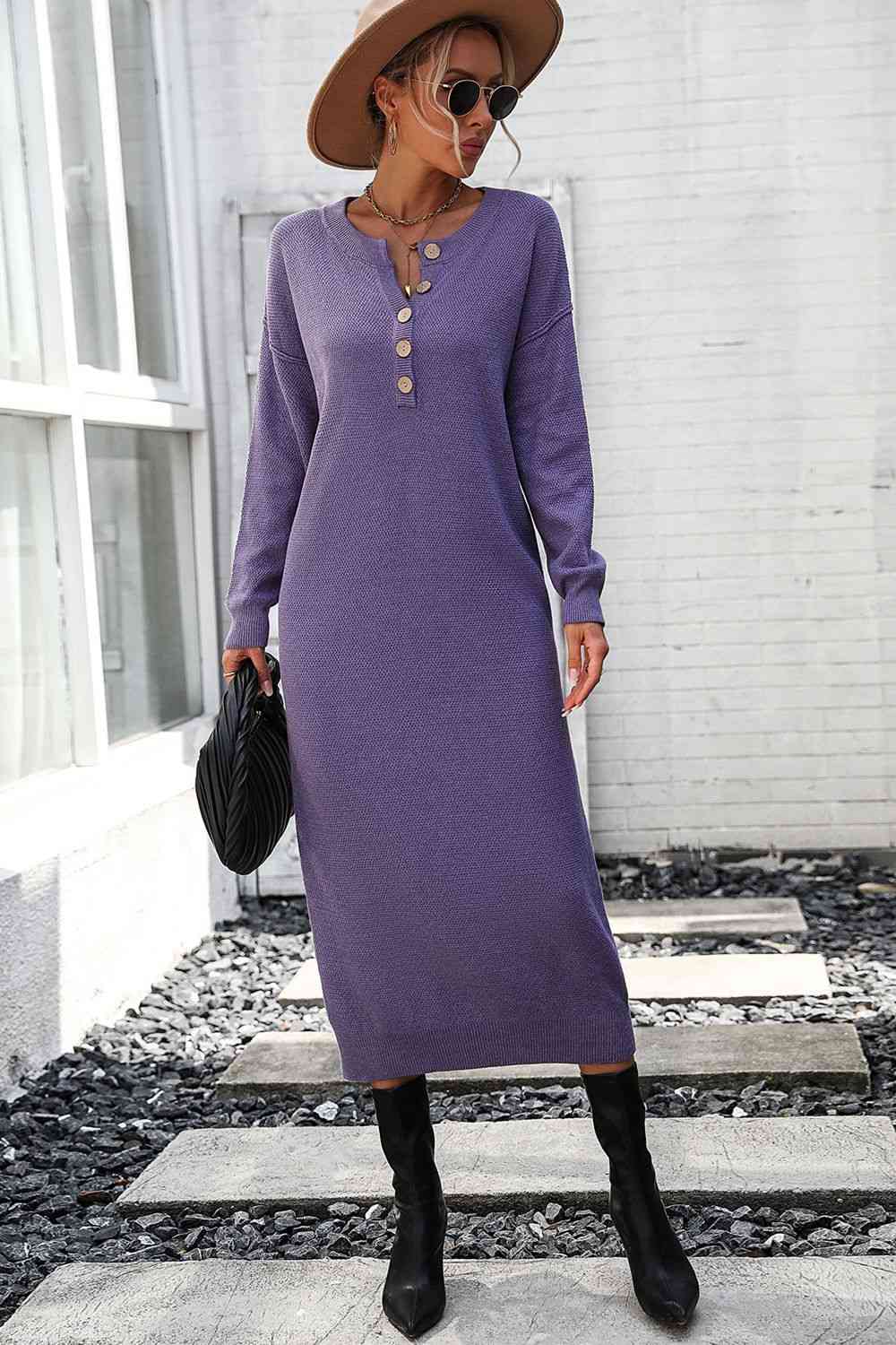 Notched Neck Dropped Shoulder Button-Down Midi Dress - AllIn Computer