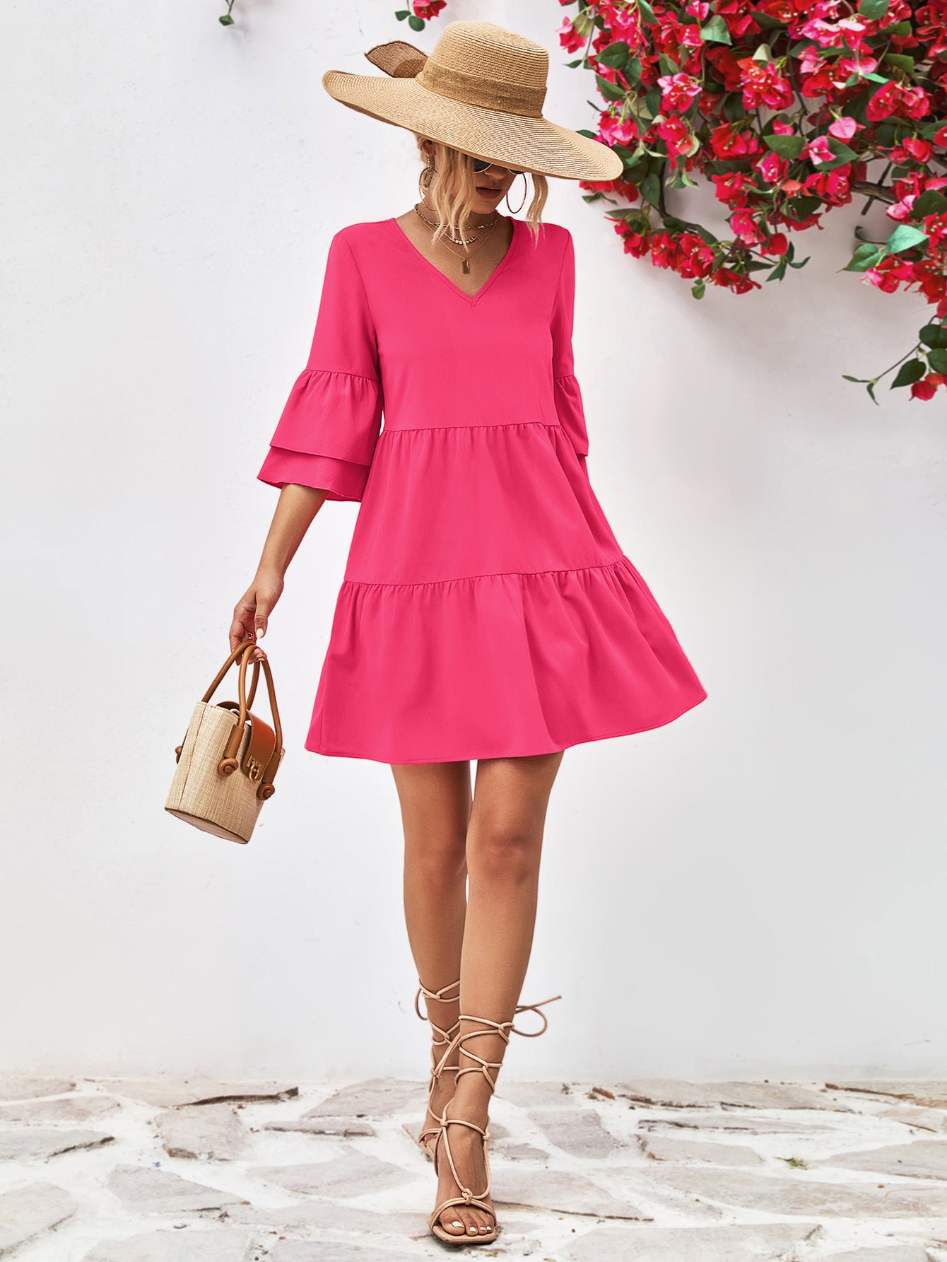 V-Neck Flare Sleeve Mini Dress - AllIn Computer