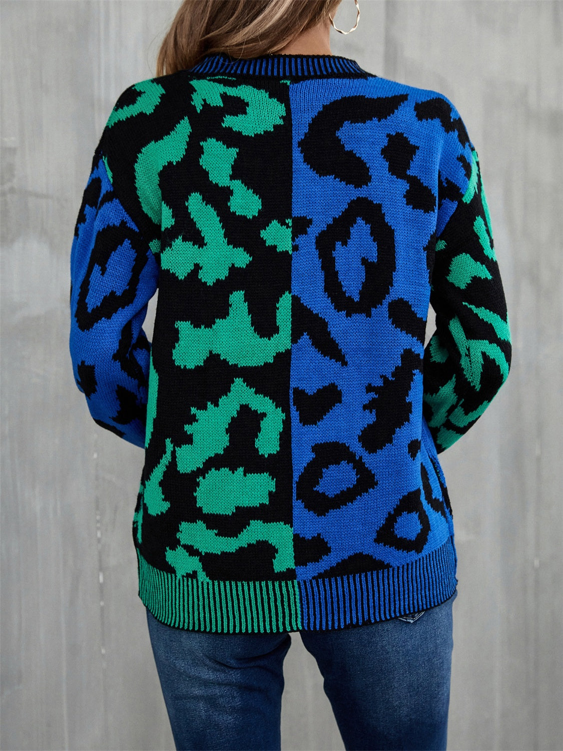 Leopard Round Neck Long Sleeve Sweater - AllIn Computer