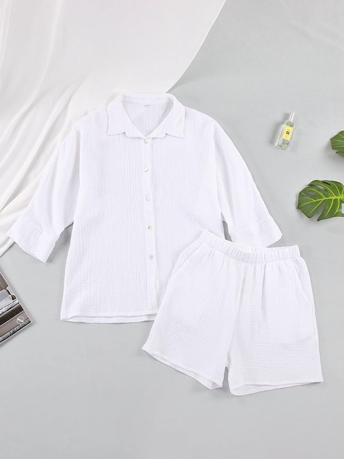 Texture Button Up Shirt and Shorts Set - AllIn Computer