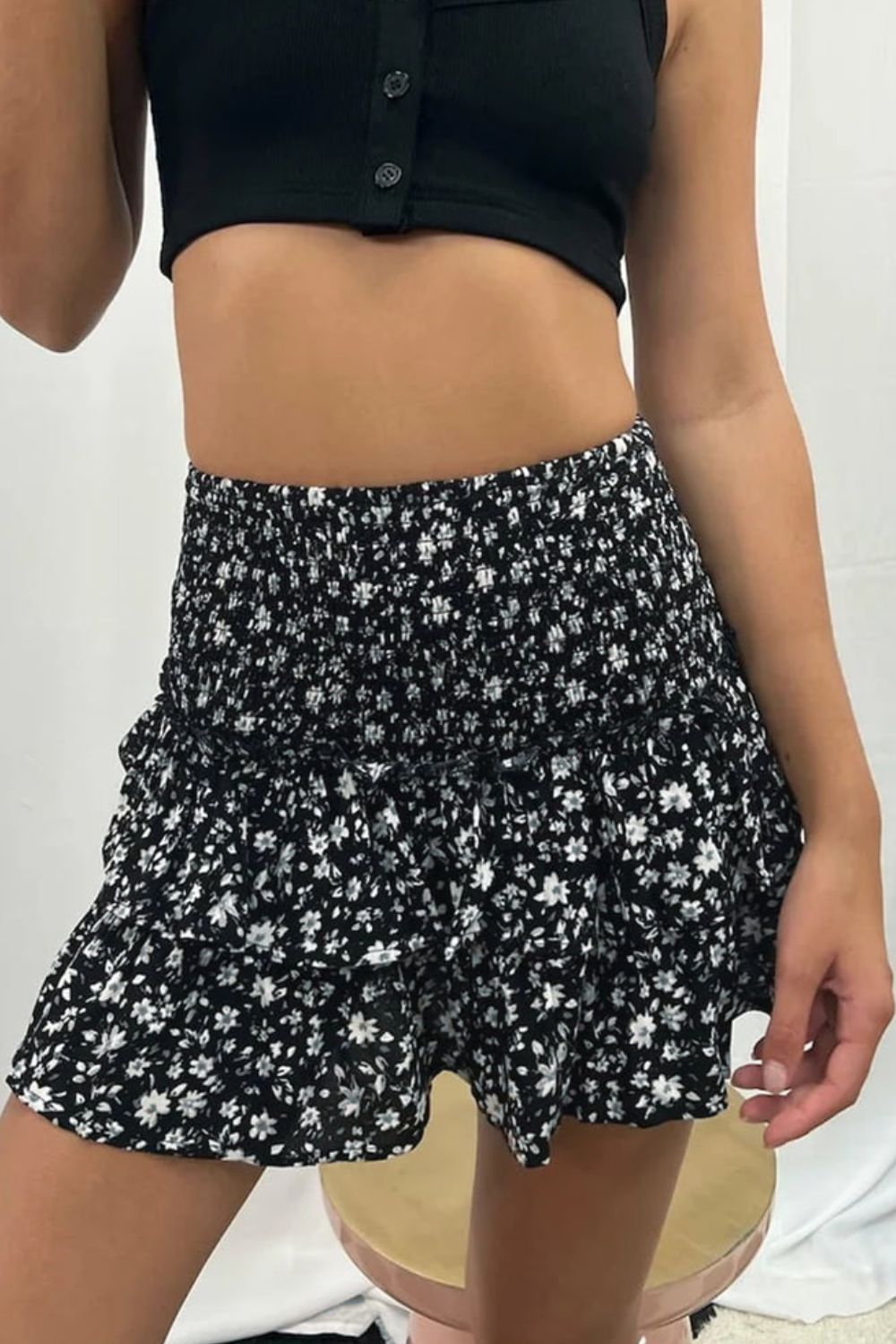 Printed Frill Trim Smocked Mini Skirt - AllIn Computer