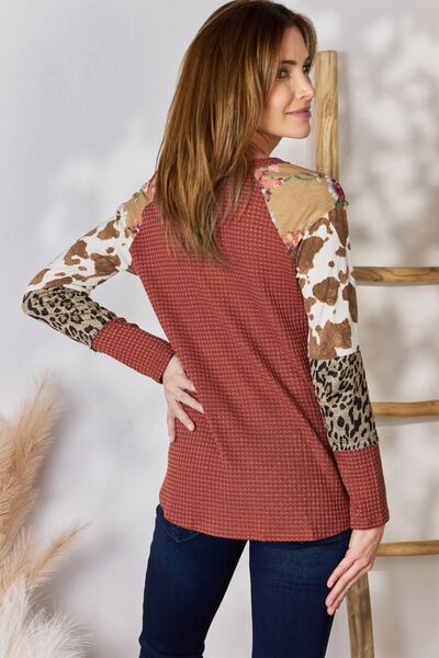 Hailey & Co Full Size Leopard Waffle-Knit Blouse - AllIn Computer