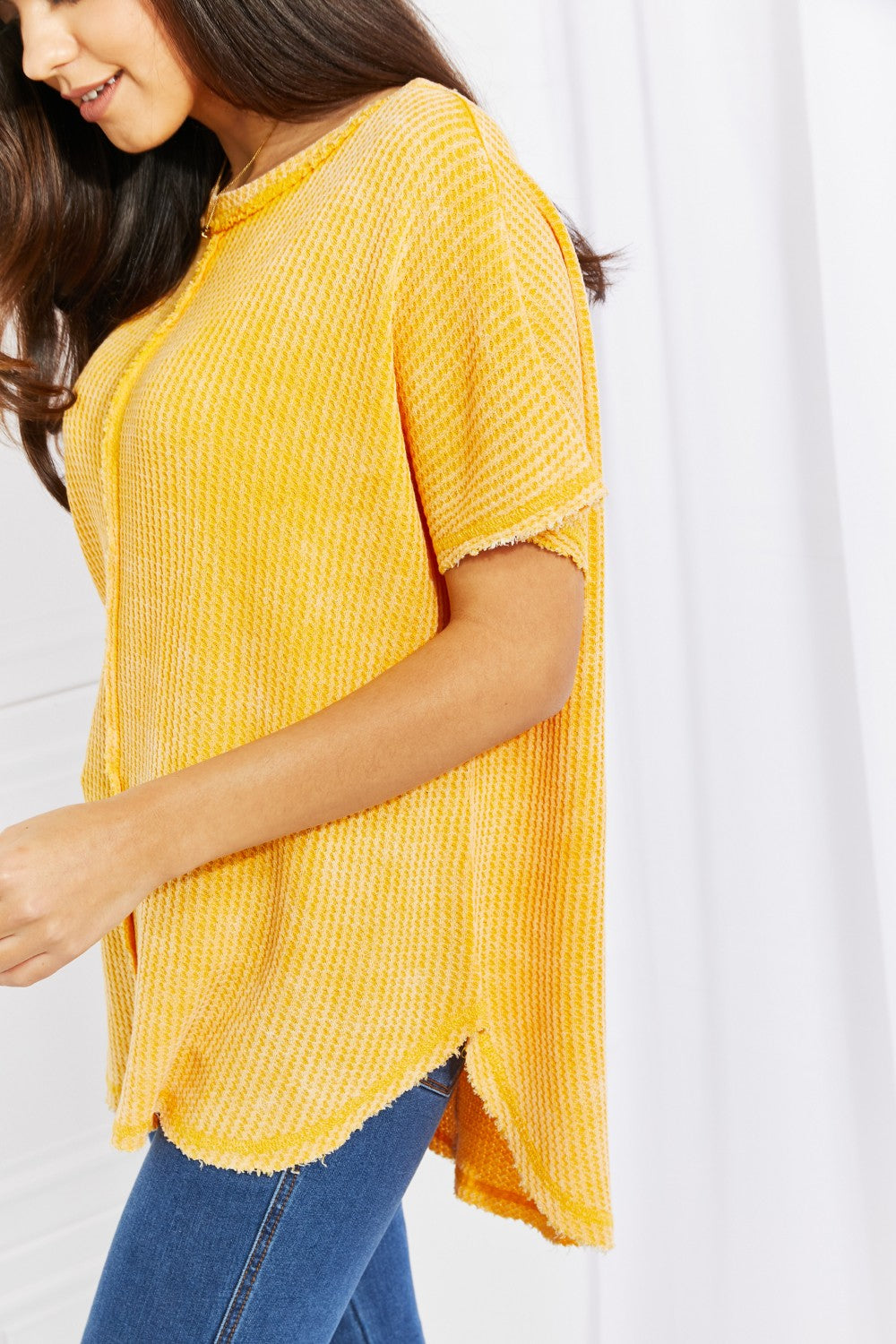 Zenana Start Small Washed Waffle Knit Top in Yellow Gold - AllIn Computer