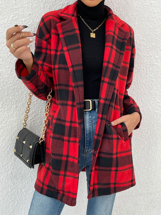Plaid Lapel Collar Coat with Pockets - AllIn Computer