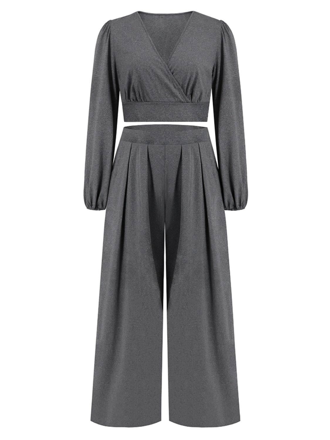 Surplice Top and Wide Leg Pants Set - AllIn Computer