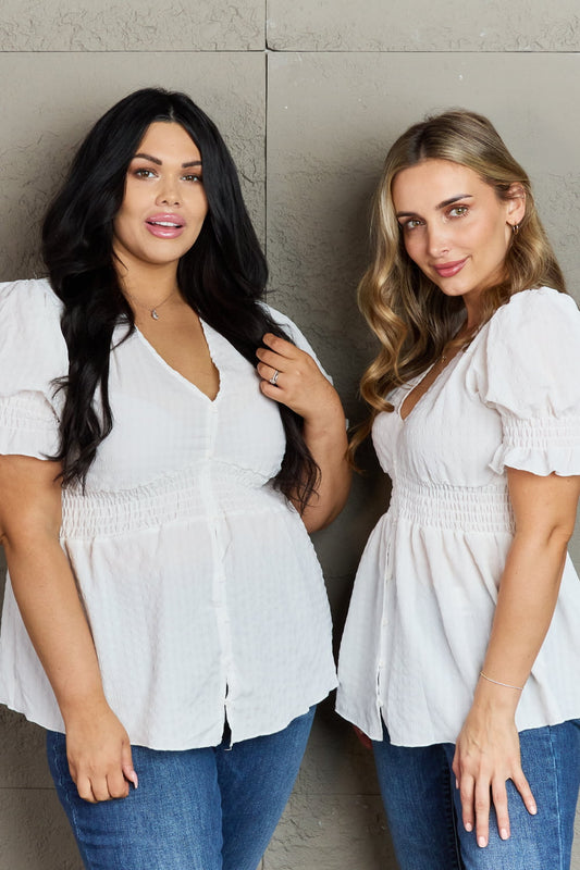 Culture Code Sweet Serenity  Full Size V-Neck Puff Sleeve Button Down Top - AllIn Computer