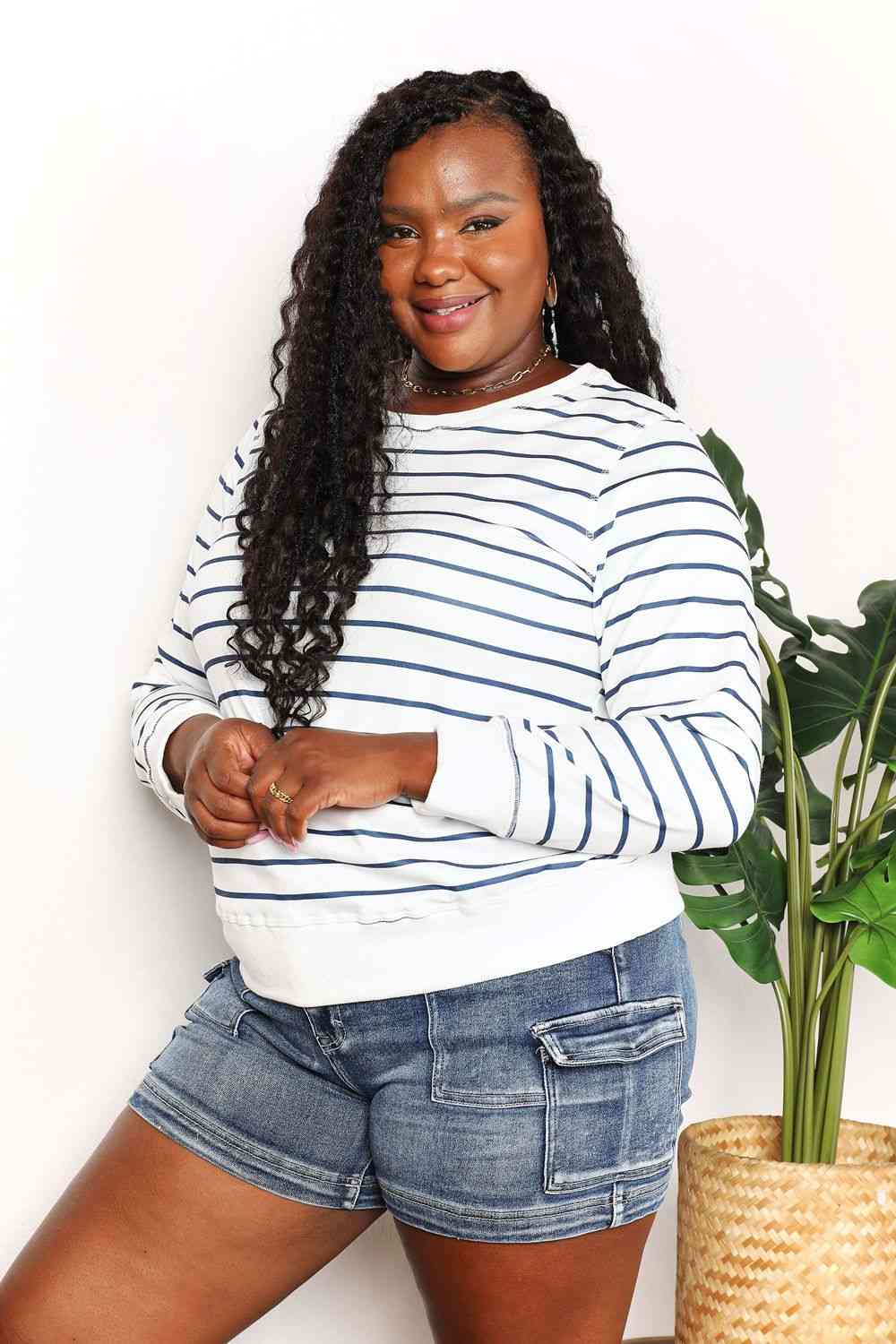 Double Take Striped Long Sleeve Round Neck Top - AllIn Computer