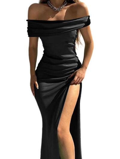Split Ruched Off-Shoulder Dress - AllIn Computer