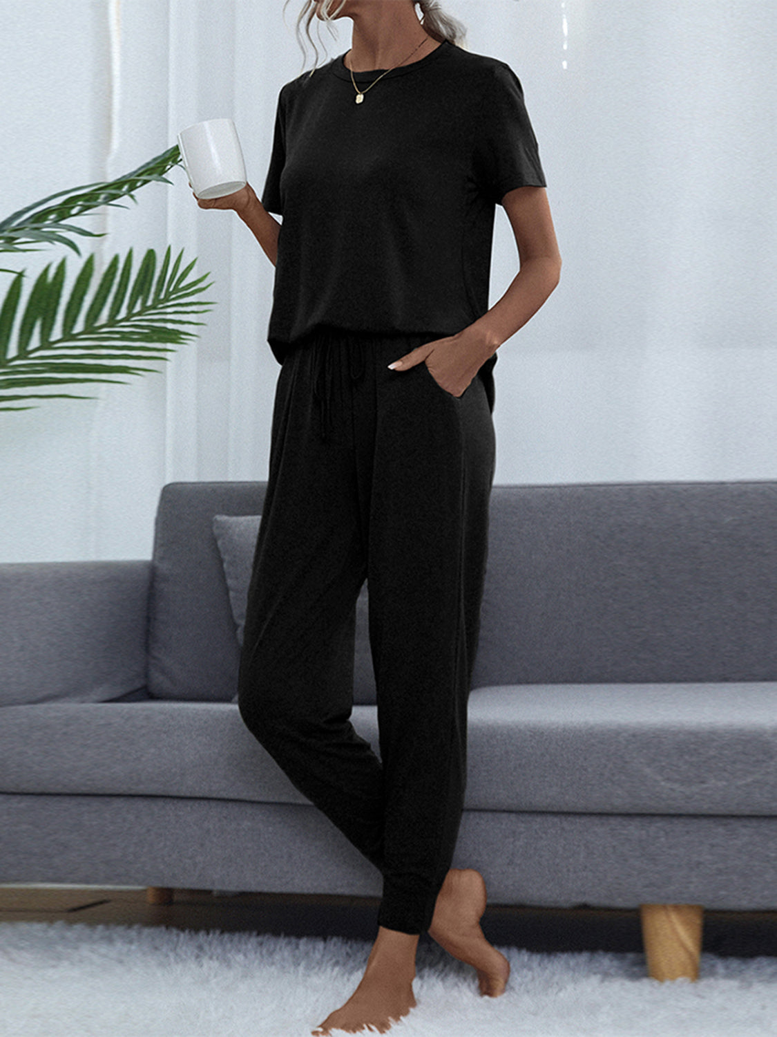 Round Neck Short Sleeve Top and Pants Set - AllIn Computer