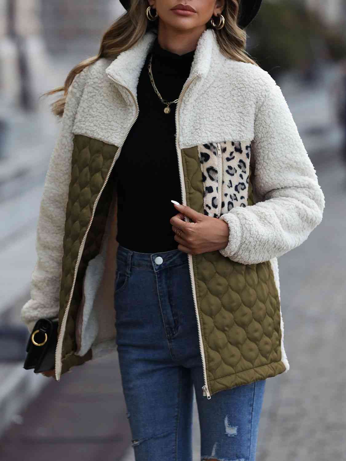 Leopard Color Block Zip-Up Jacket - AllIn Computer