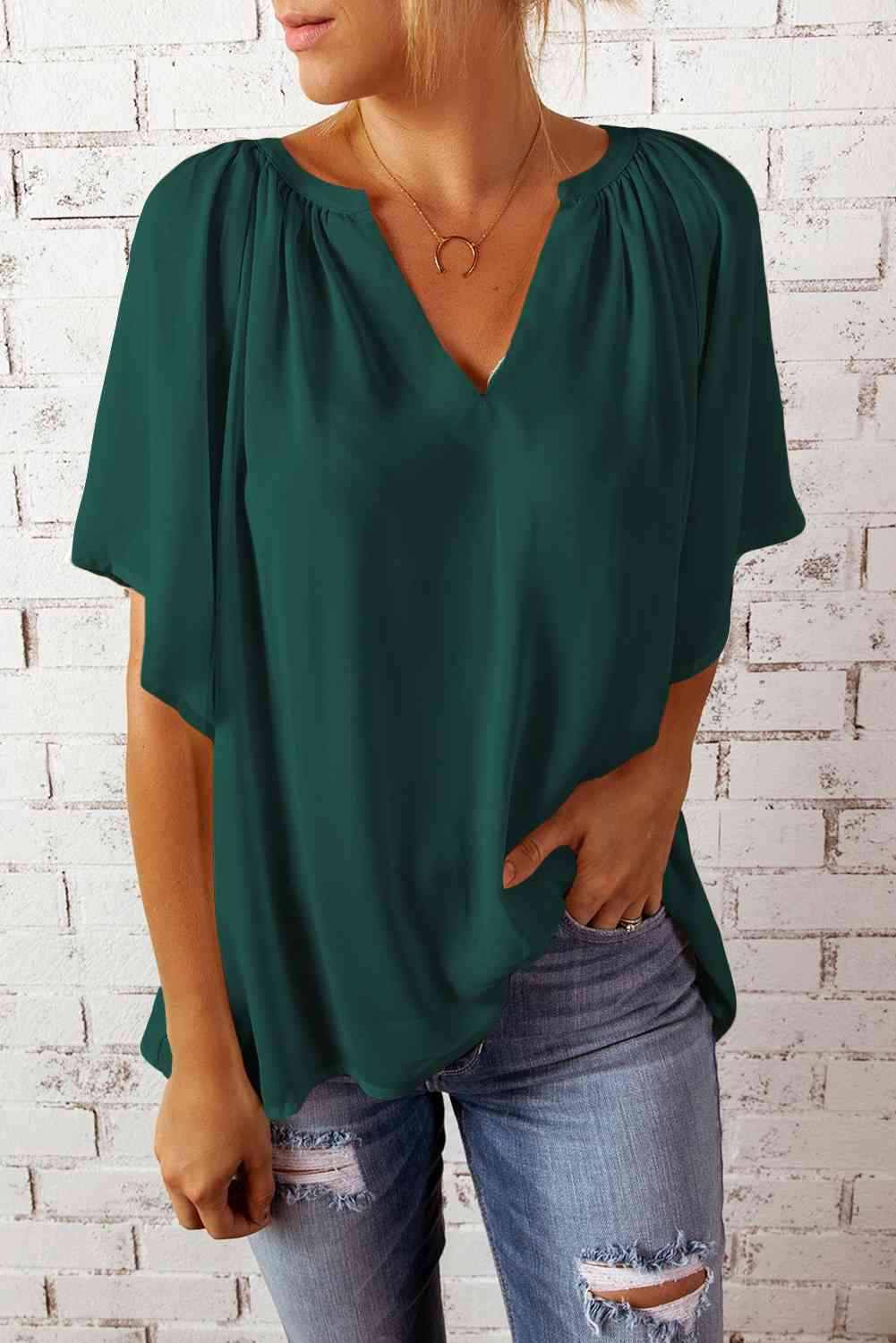 Gathered Detail Notched Neck Flutter Sleeve Top - AllIn Computer