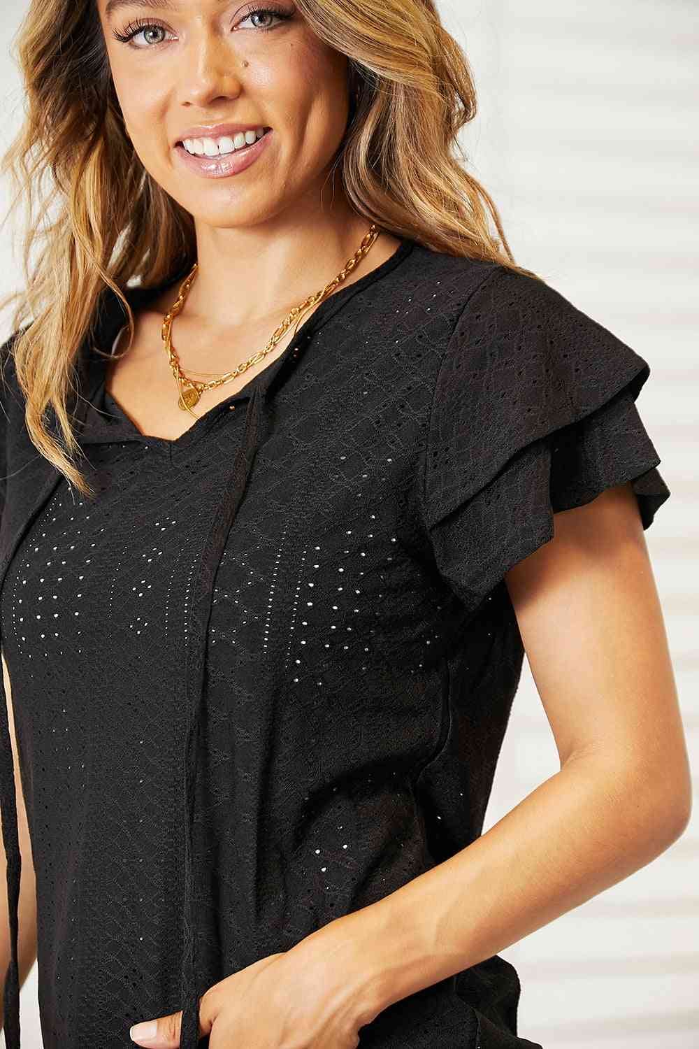 Double Take Eyelet Tie-Neck Flutter Sleeve Blouse - AllIn Computer