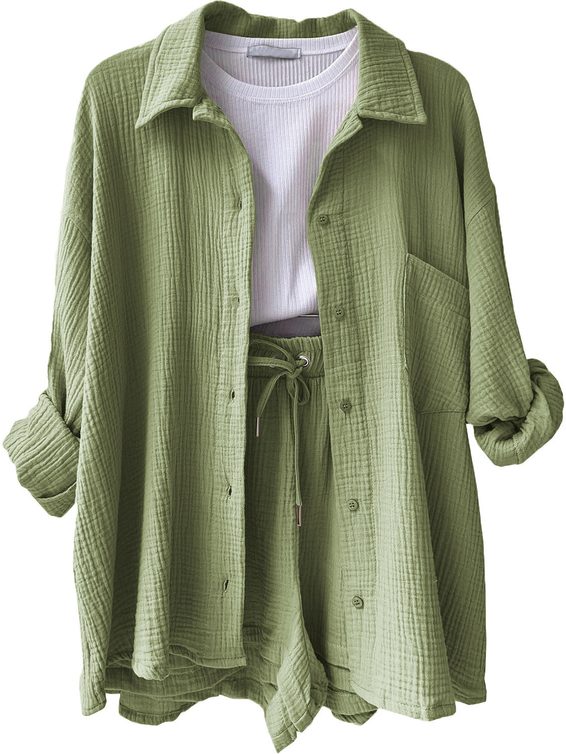 Texture Button Up Shirt and Drawstring Shorts Set - AllIn Computer