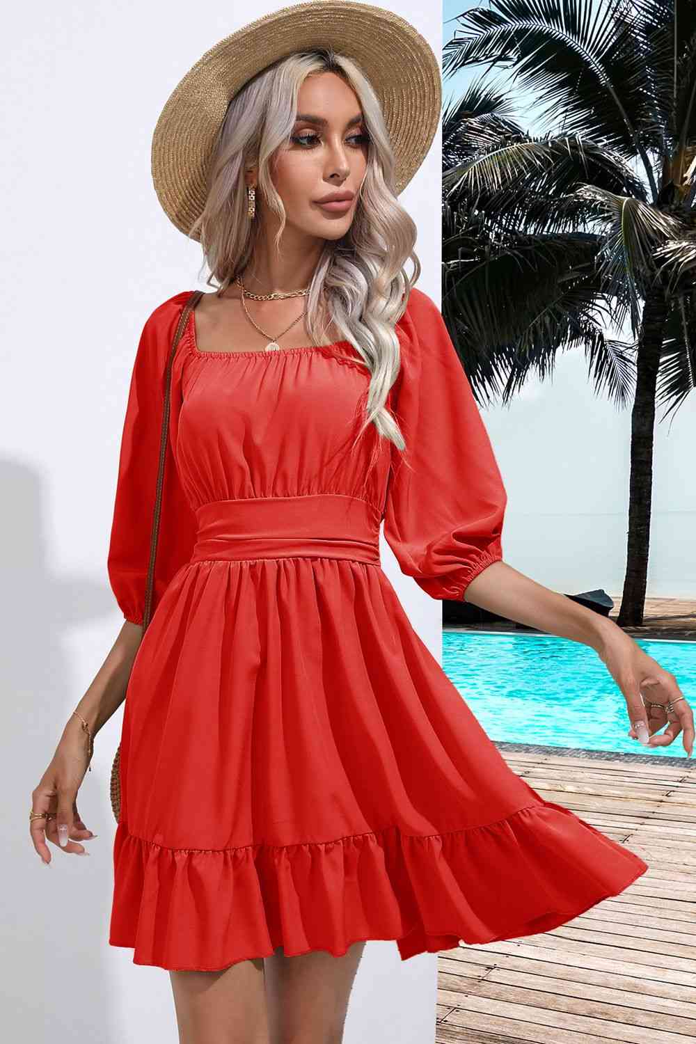 Square Neck Tie Back Ruffle Hem Dress - AllIn Computer