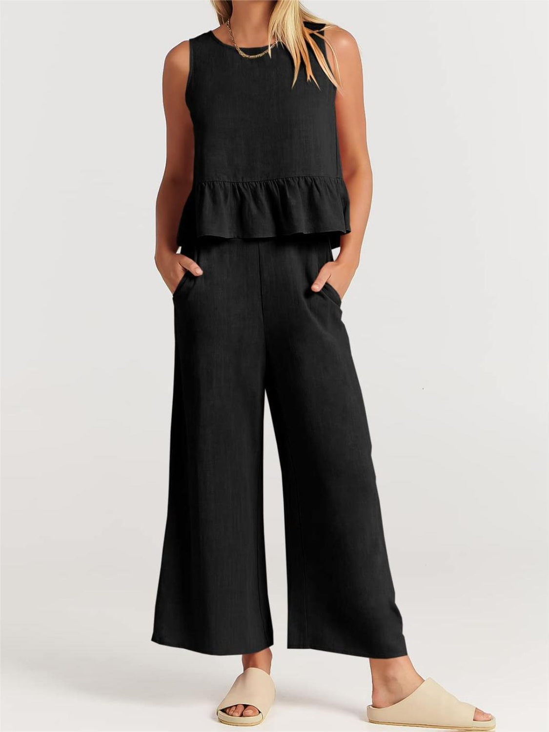 Full Size Round Neck Top and Wide Leg Pants Set - AllIn Computer