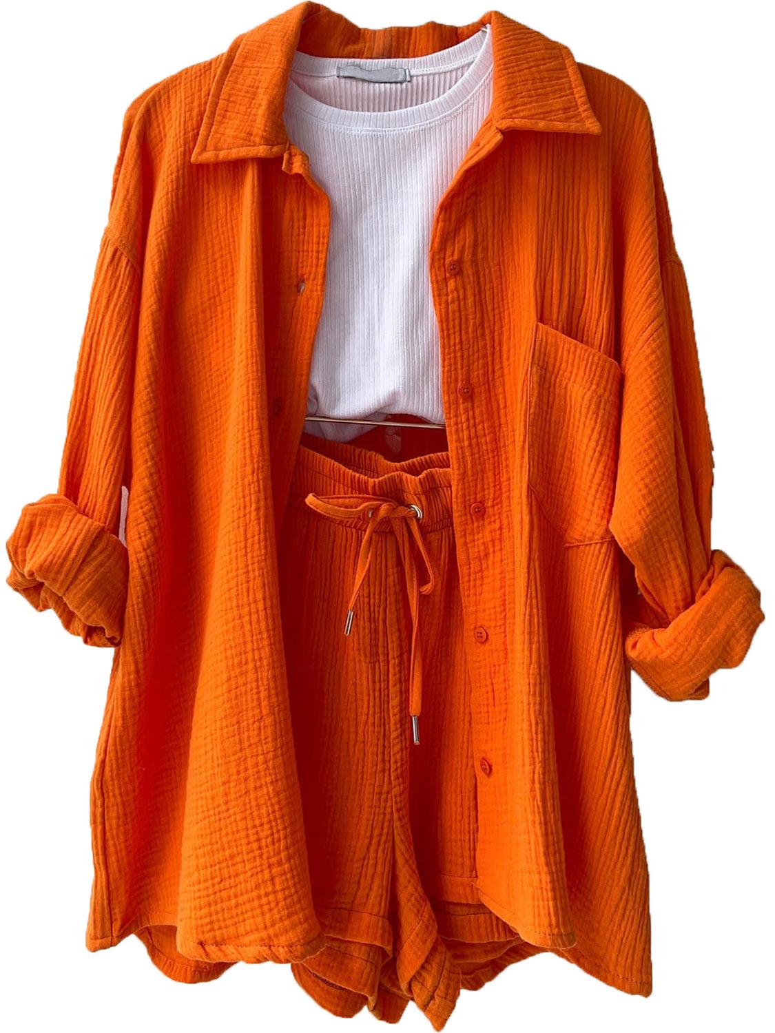 Texture Button Up Shirt and Drawstring Shorts Set - AllIn Computer